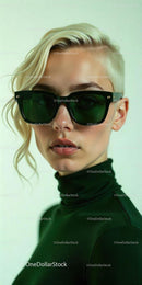 Blonde Woman in Dark Green Sunglasses and Turtleneck