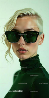 Blonde Woman in Dark Green Sunglasses and Turtleneck