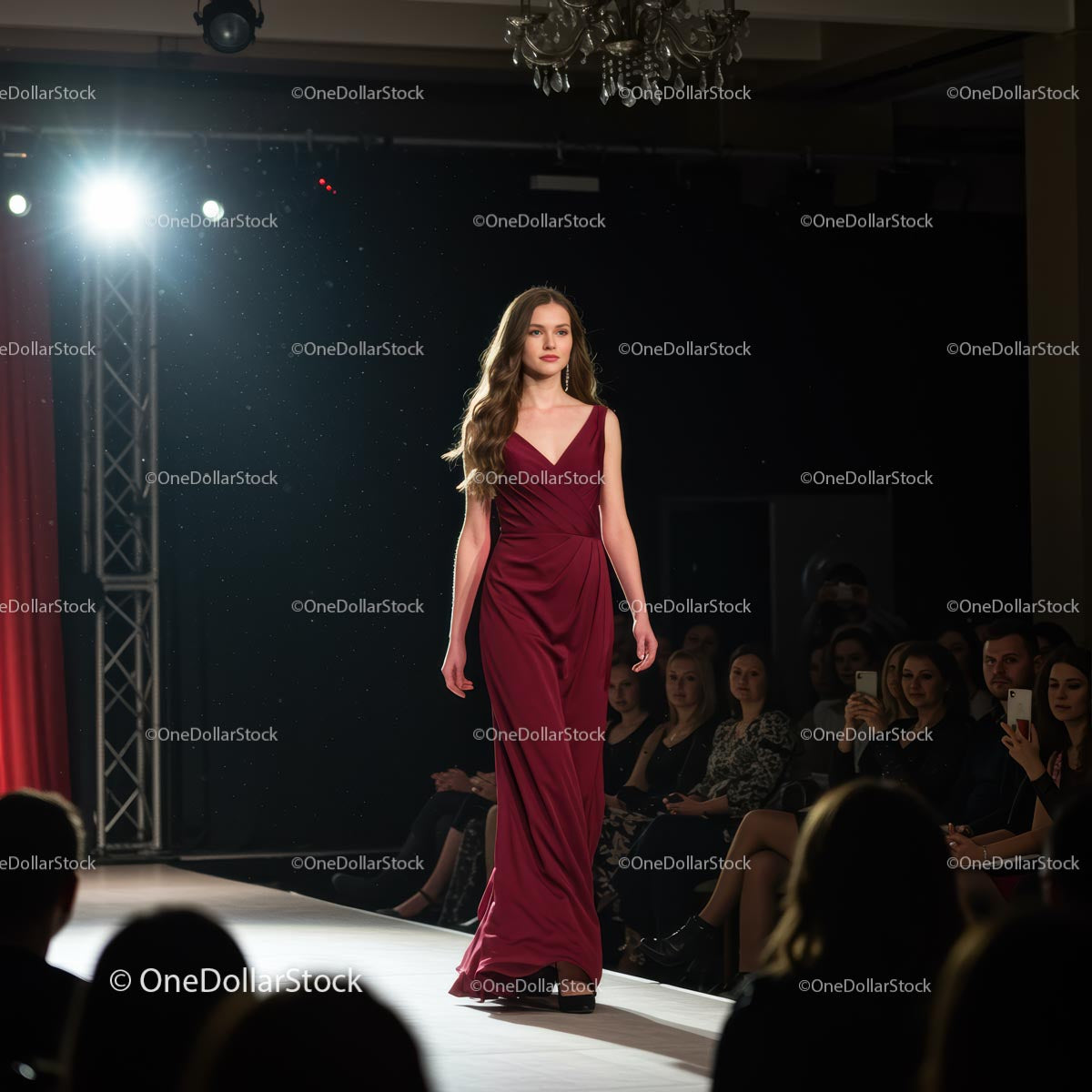 Fashion Model in Elegant Red Gown on Runway
