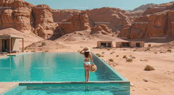 Woman Relaxing by Infinity Pool in Desert Resort