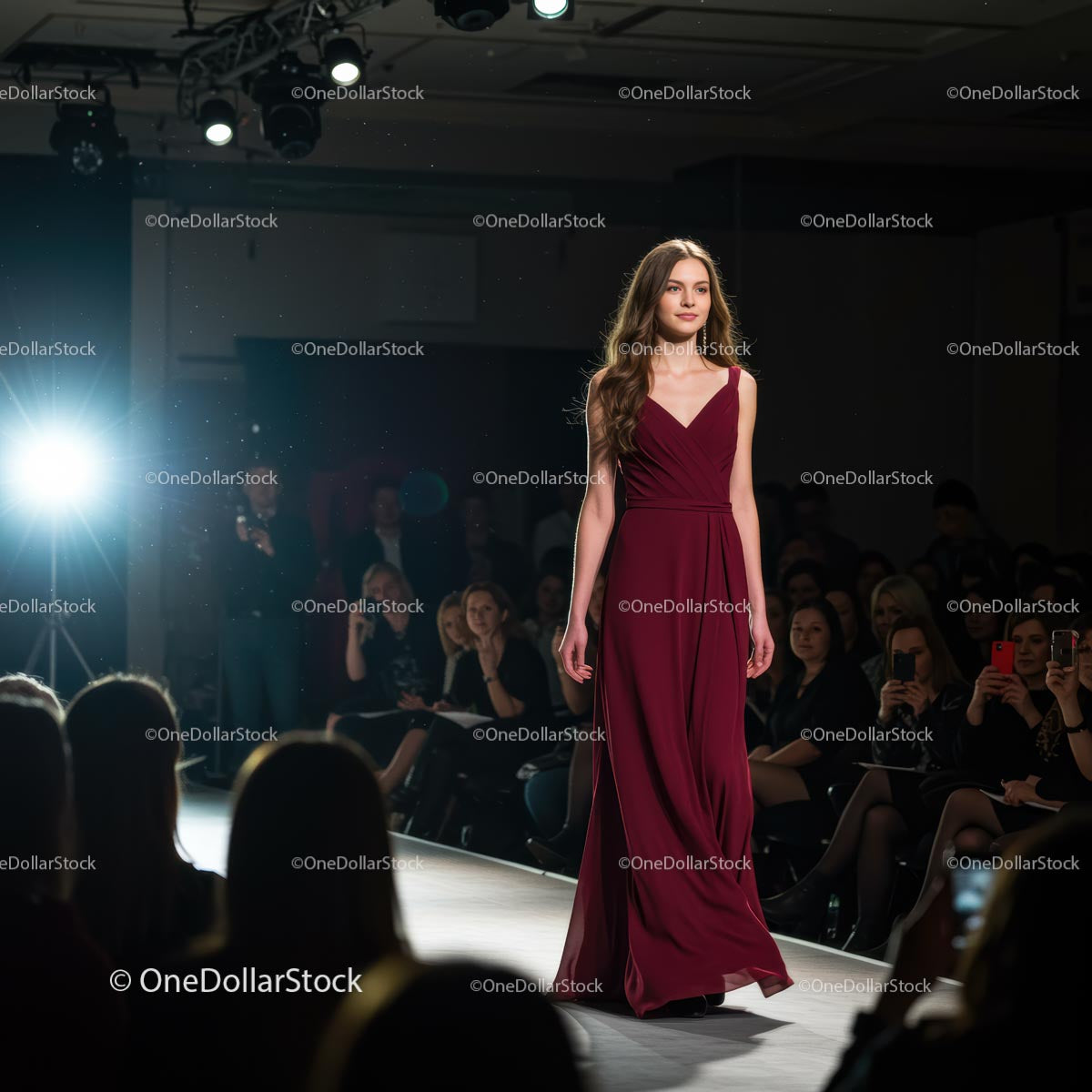 Model in Elegant Burgundy Evening Gown on Runway