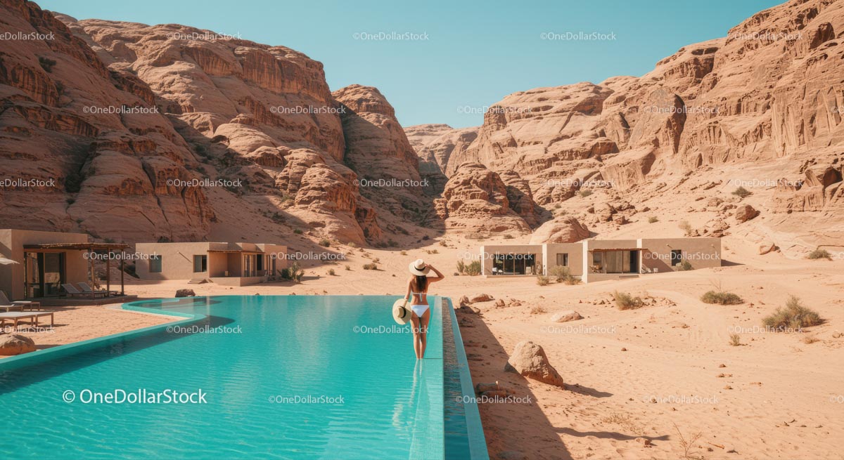 Woman Enjoying Infinity Pool Amidst Desert Mountains