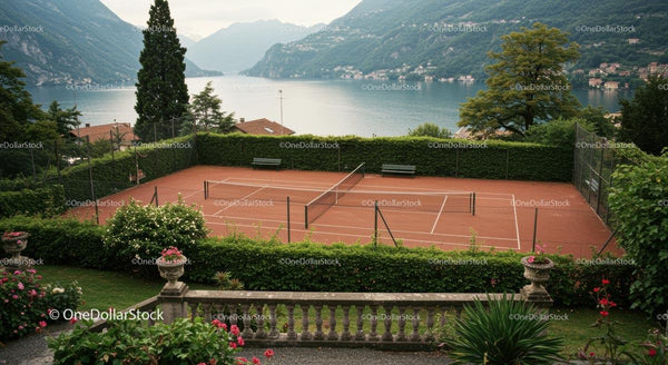 Scenic Tennis Court with Mountain and Lake View