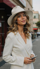 Elegant Woman with Wide-Brim Hat in Urban Setting