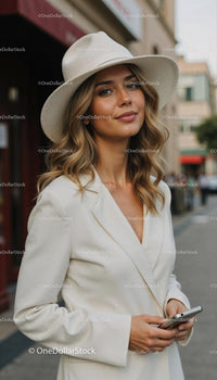 Elegant Woman with Wide-Brim Hat in Urban Setting