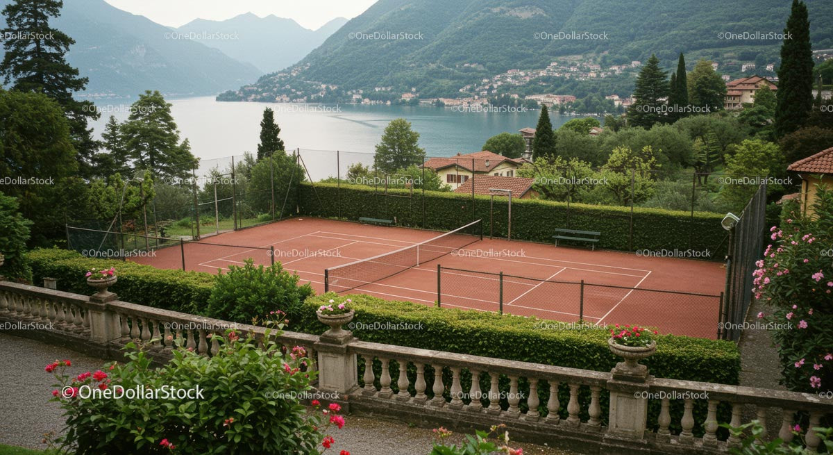 Luxury Tennis Court Overlooking Scenic Lake and Mountains