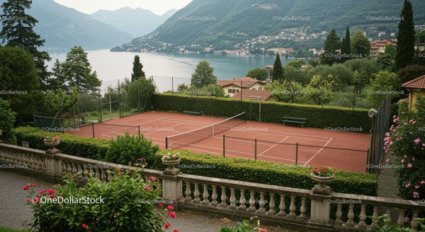Luxury Tennis Court Overlooking Scenic Lake and Mountains