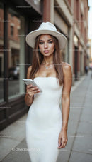 Trendy Woman in White Dress and Hat on City Street