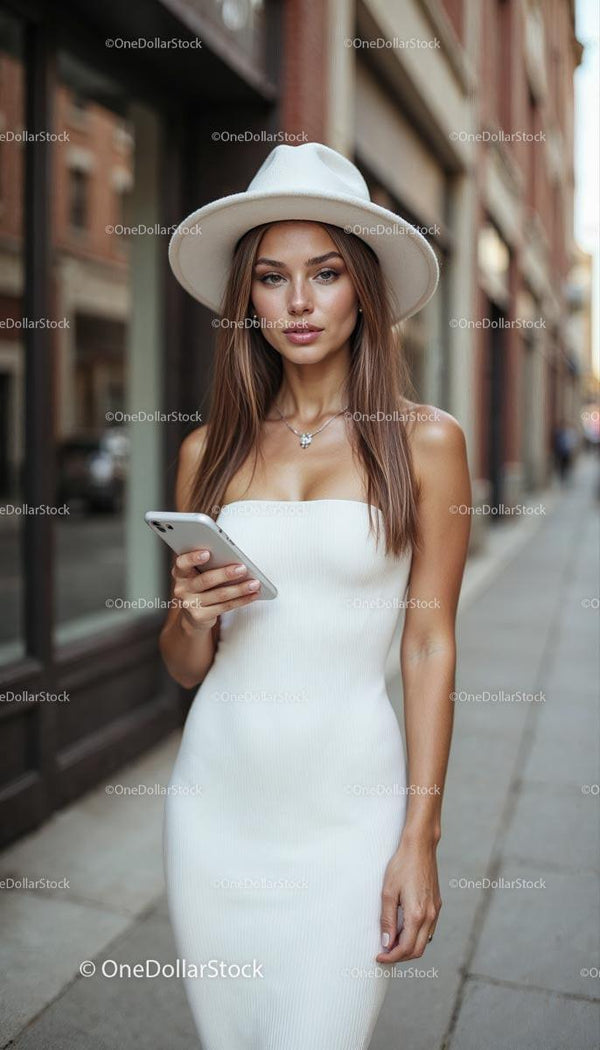 Trendy Woman in White Dress and Hat on City Street
