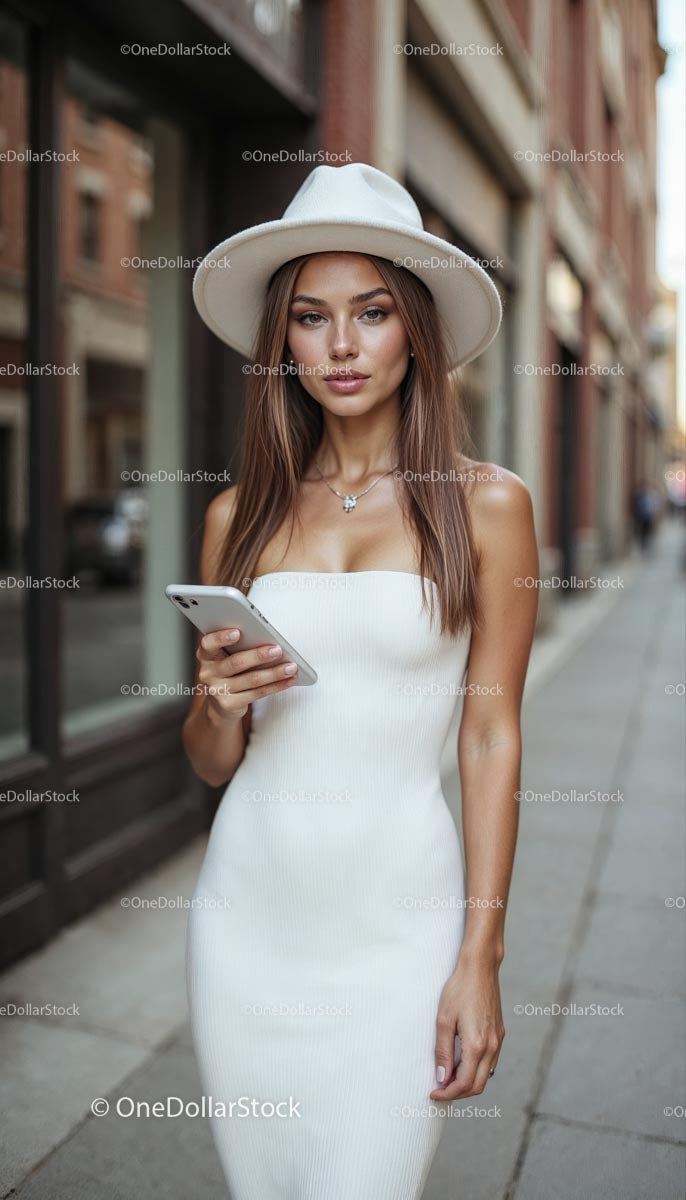Trendy Woman in White Dress and Hat on City Street