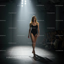 Elegant Fashion Show Model on Runway in Black Swimsuit