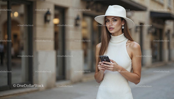 Elegant Woman in White Dress and Hat with Smartphone