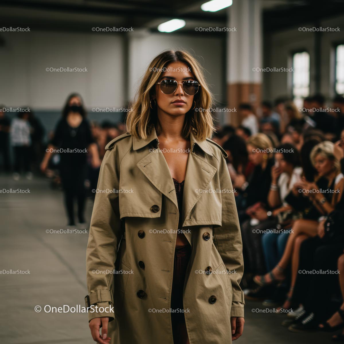 Modelka w stylowym płaszczu typu trench na wybiegu pokazu mody