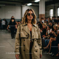 Model in Stylish Trench Coat on Fashion Show Runway