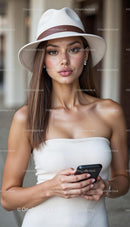 Stylish Woman in Elegant Hat Using Smartphone Outdoors