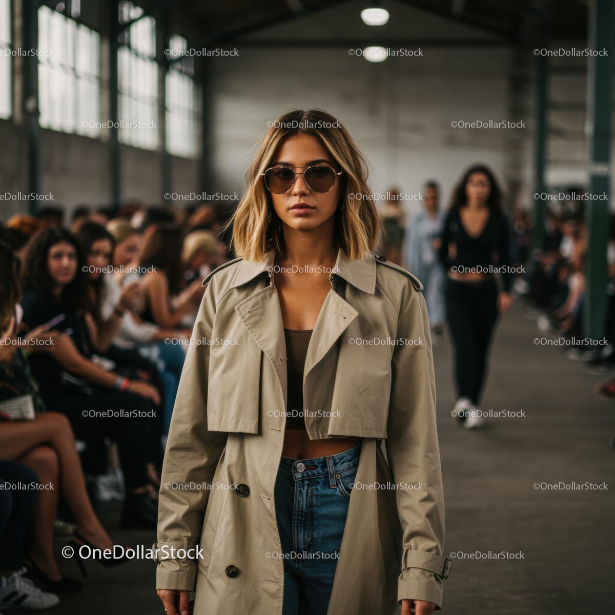 Modna kobieta w beżowym płaszczu typu trench na wybiegu mody