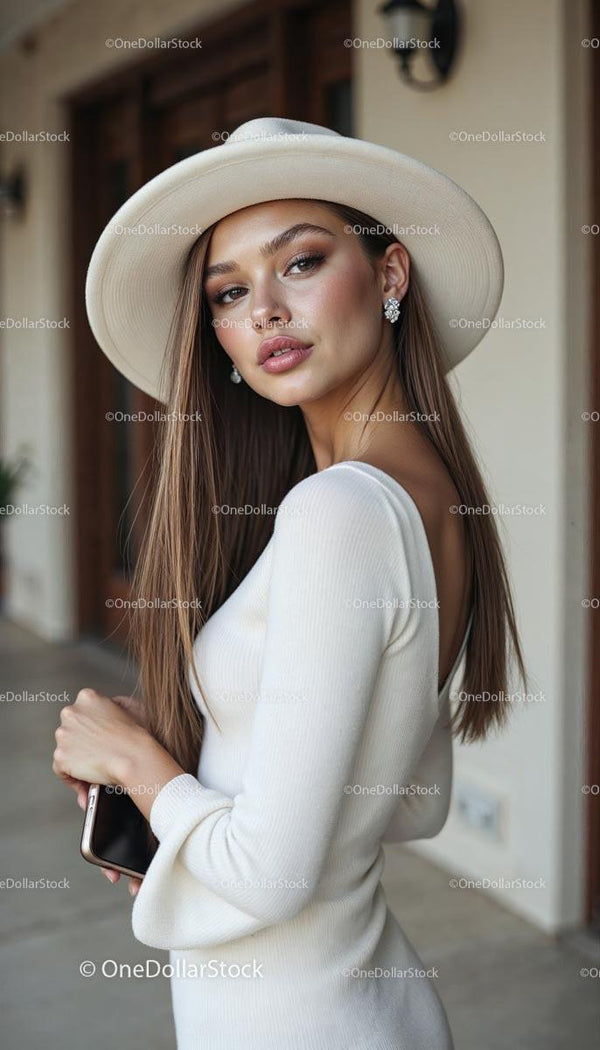 Elegant Woman with Hat in Stylish White Outfit