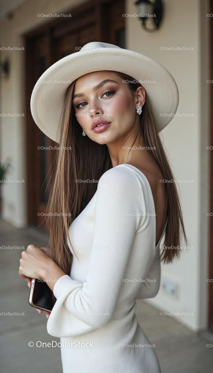 Elegant Woman with Hat in Stylish White Outfit