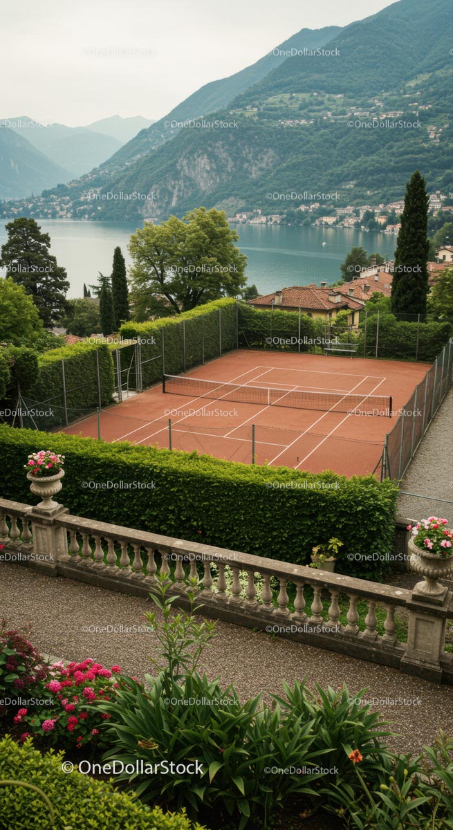 Tennis Court Overlooking Serene Lake and Mountain View