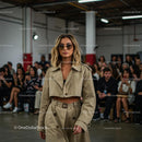 Stylish Woman in Beige Trench Coat on Fashion Runway