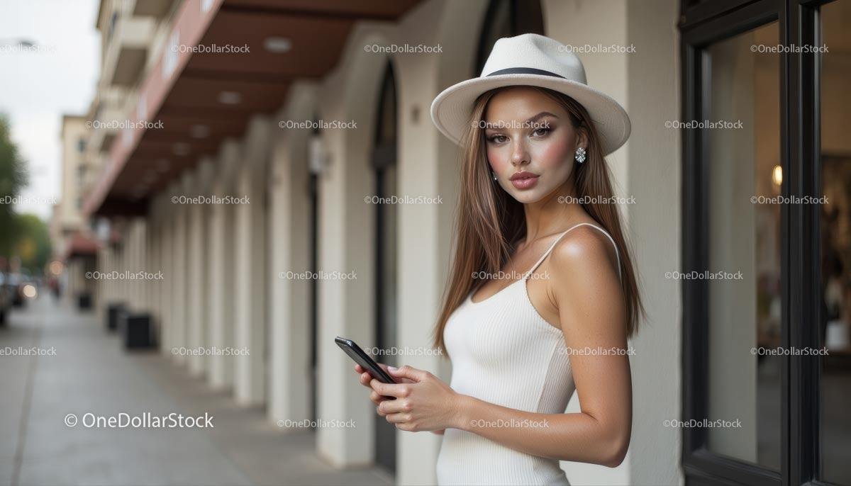 Elegancka kobieta w białej sukni i kapeluszu na miejskiej ulicy