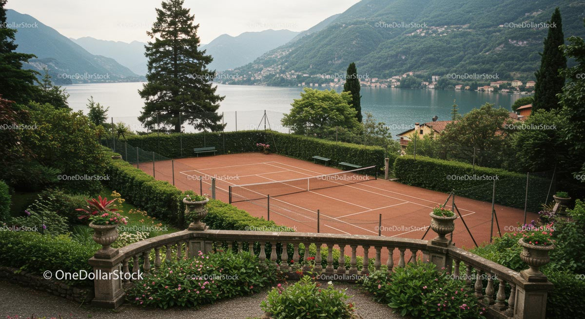 Tennis Court Overlooking a Scenic Lake and Mountain View