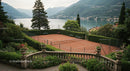 Tennis Court Overlooking a Scenic Lake and Mountain View