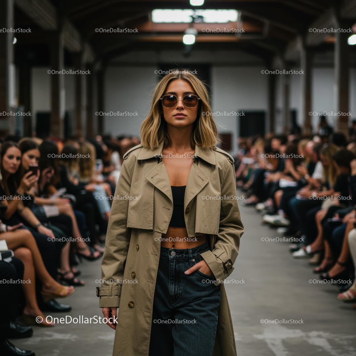 Modelka w płaszczu typu trench na wybiegu pokazu mody