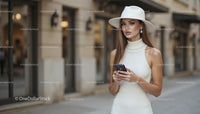Elegant Woman in White Hat Strolling with Smartphone