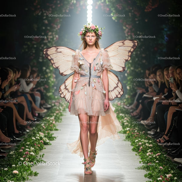 Ethereal Model on Runway in Butterfly-Winged Floral Dress