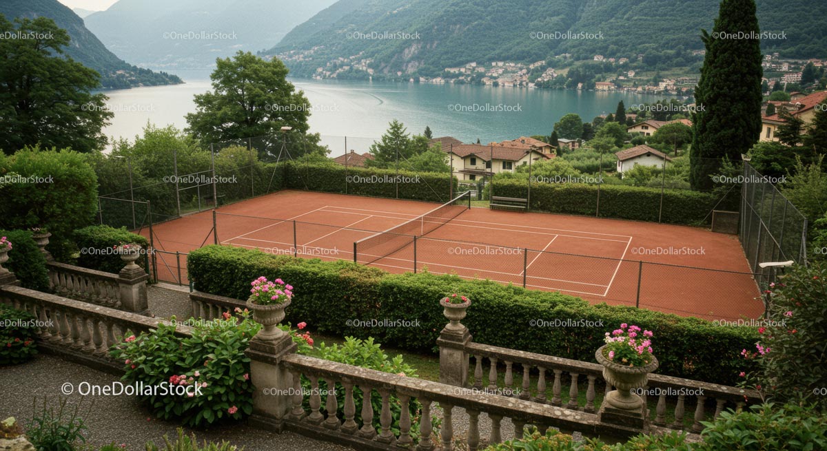 Tennis Court Amid Lush Greenery with Scenic Lake View