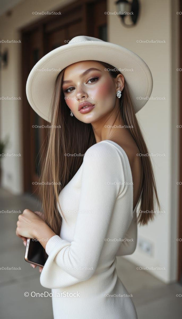 Stylish Woman in White Dress with Elegant Hat