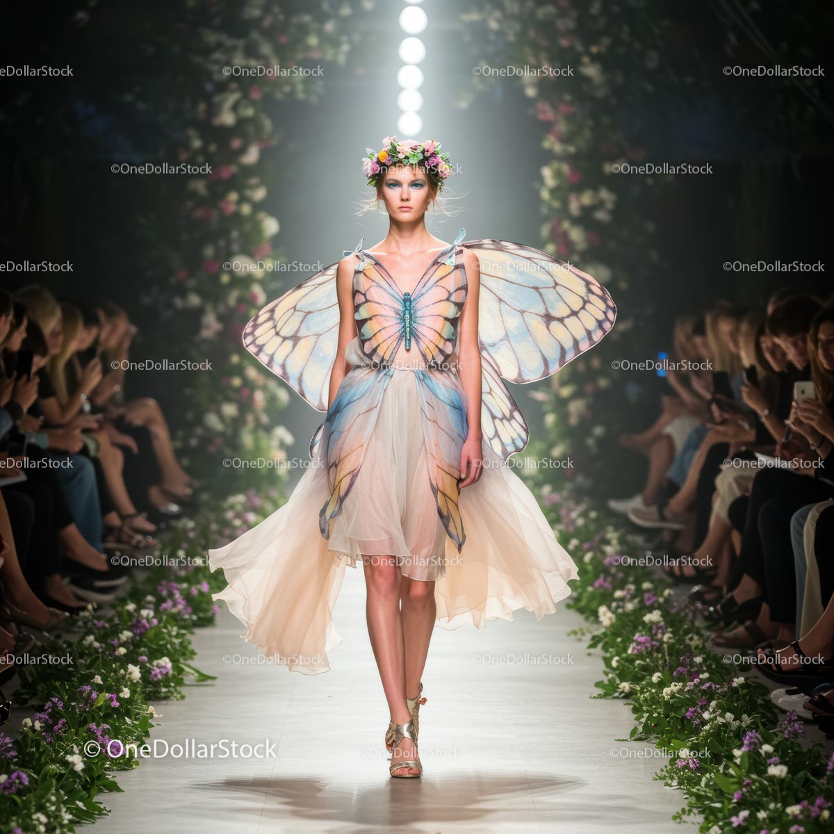 Ethereal Runway Model with Butterfly Wings in Floral Attire
