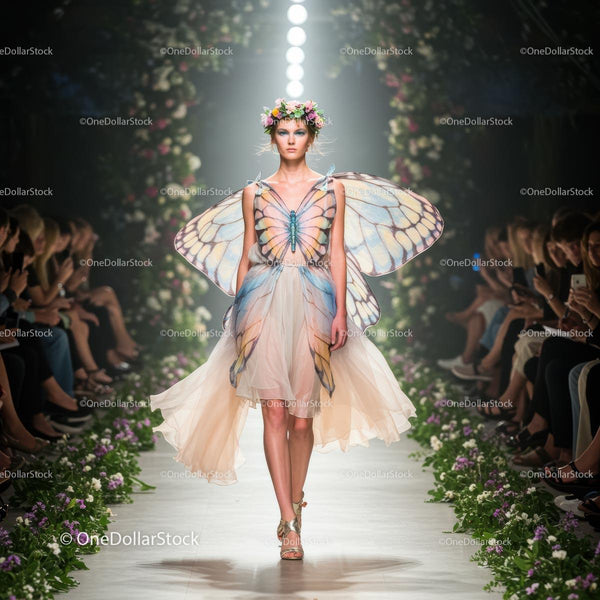 Ethereal Runway Model with Butterfly Wings in Floral Attire