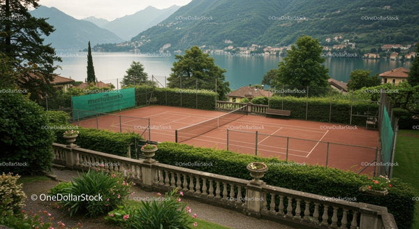 Tennis Court Overlooking Scenic Lake and Mountains