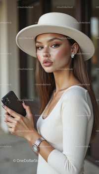 Stylish Woman in Beige Outfit Holding Smartphone Outdoors