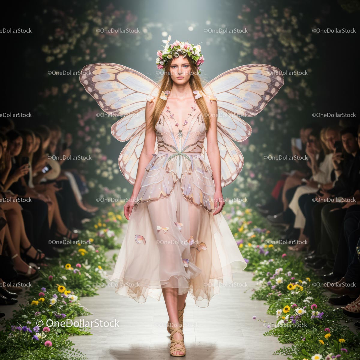 Model in Butterfly Wings on Floral Runway Show