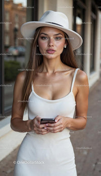 Stylish Woman in White Dress and Hat Using Smartphone