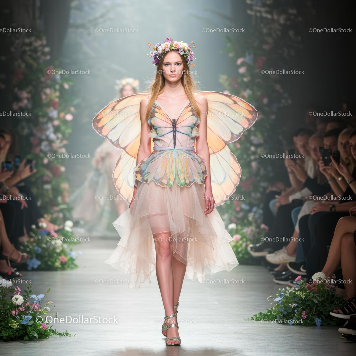 Ethereal Model in Butterfly Winged Dress on the Runway