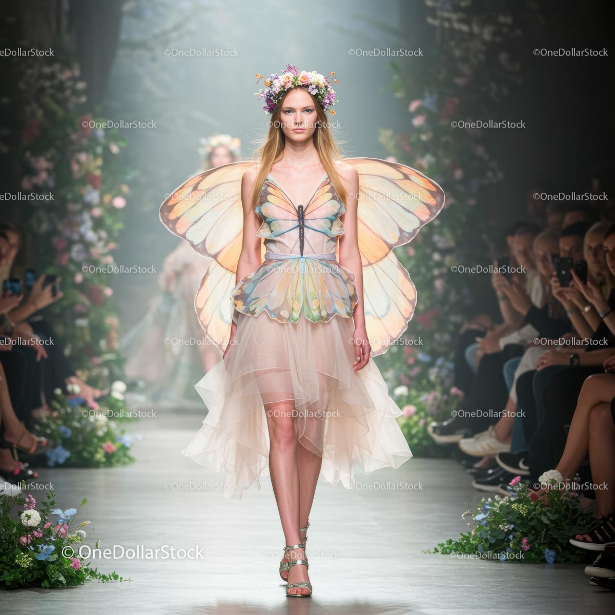 Model in Butterfly Wings on Floral Runway Show