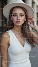 Stylish Woman in White Dress and Hat