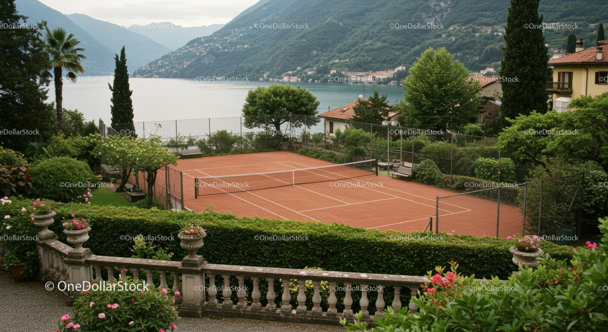 Scenic Lakeside Tennis Court Amidst Lush Greenery
