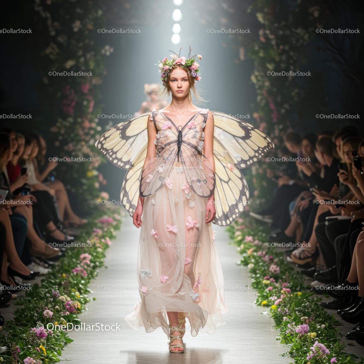 Runway Model in Butterfly Winged Floral Couture Dress