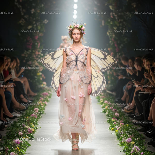 Runway Model in Butterfly Winged Floral Couture Dress
