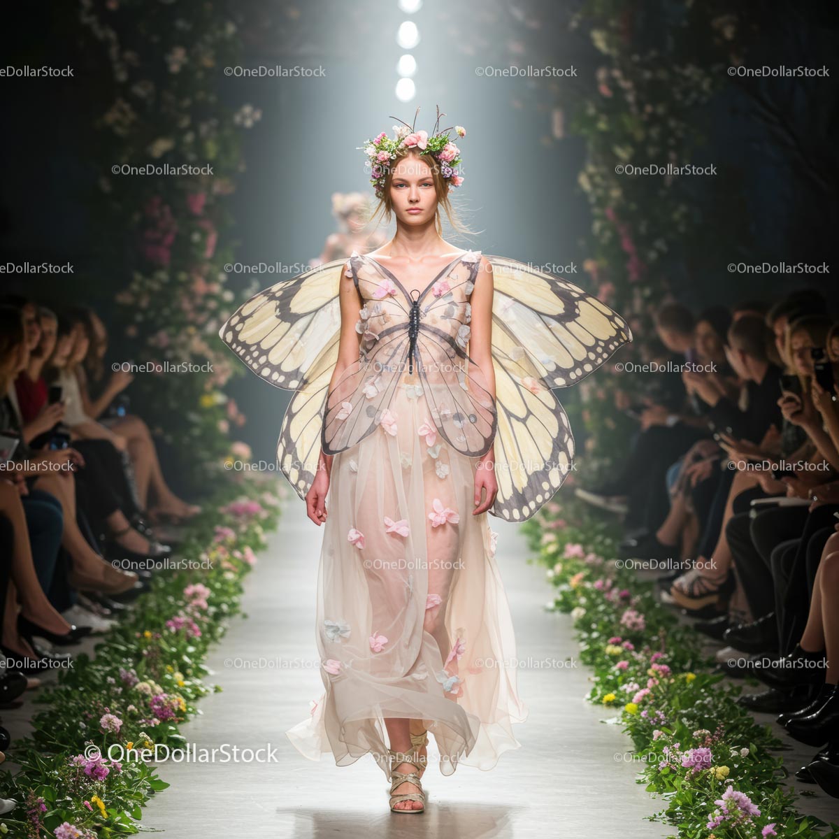 Model in Butterfly Wings on Floral Runway Show
