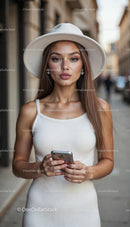 Stylish Woman in White Dress with Wide-brimmed Hat in City