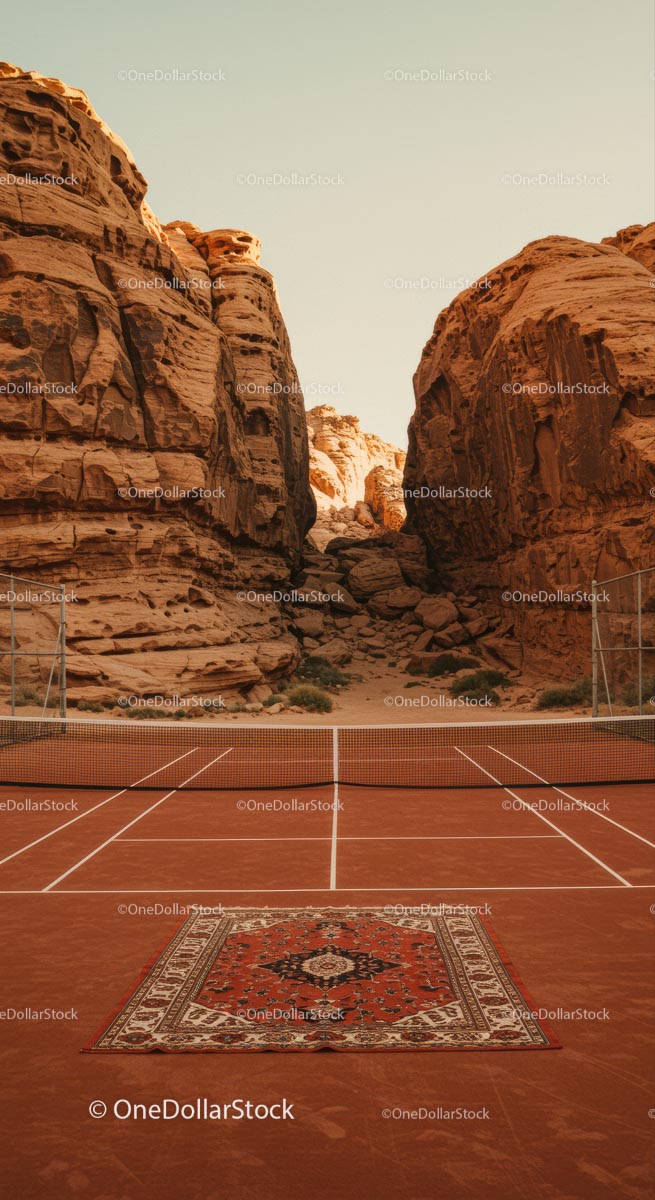 Tennis Court in Desert Canyon with Oriental Rug