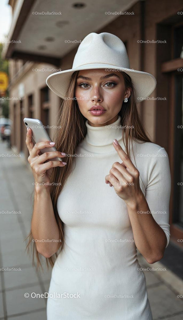 Stylish Woman Holding Smartphone on City Street