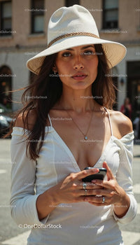 Fashionable Woman in White Hat and Dress Holding Smartphone