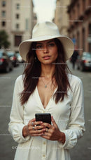 Stylish Woman in White Dress and Hat on City Street